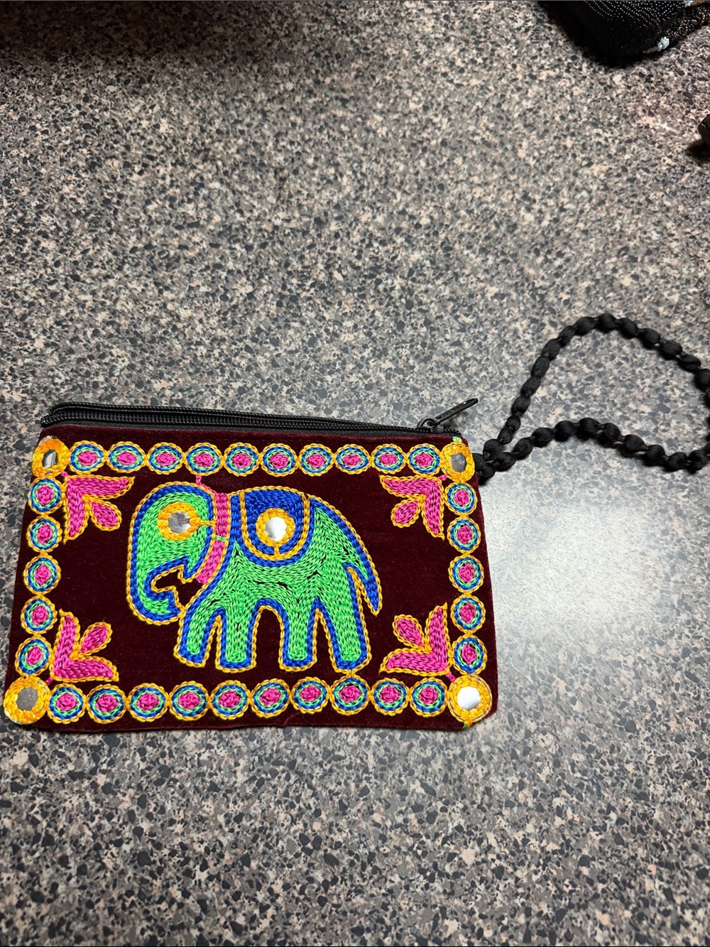Hand-Embroidered Elephant Wristlet Pouch in Burgundy